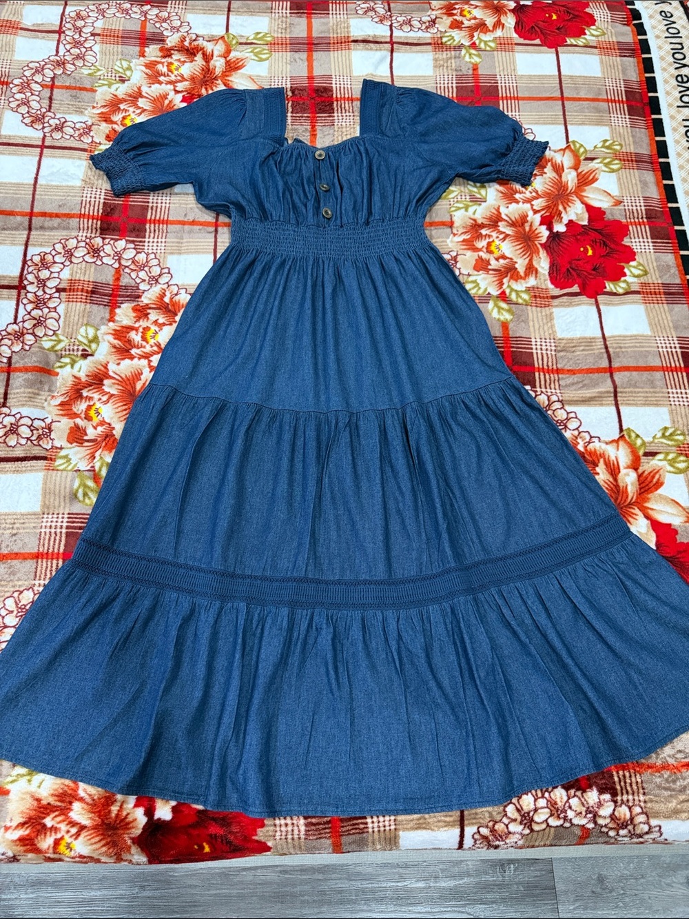 Blue Tiered Maxi Dress with Puff Sleeves